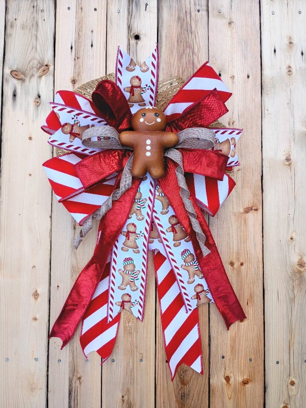 Gingerbread Christmas Bow, Candy Cane Door Swag, Red White Christmas Decor